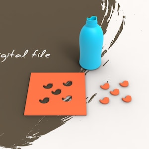 May include: A digital file image showing a light blue bottle, an orange square with bird-shaped cutouts, and several orange bird shapes. The words "Digital file" are written in white script.