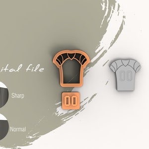 May include: A digital file for a cookie cutter in the shape of a football jersey with the number 00. The cutter is orange and the jersey is gray. The image also shows a close-up of the cutter's edge, showing the difference between a sharp and normal edge.