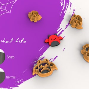 May include: Five Halloween-themed cookie cutters, including a bat, a ghost, and three spiders. The cutters are orange and red and are arranged on a purple background. The text "Digital file" is visible in the image.