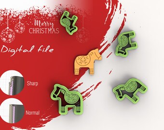 May include: Digital file for a set of four cookie cutters shaped like a traditional Swedish Dala horse. The cutters are in various colors, including green, orange, and black. The text "Merry Christmas" is visible in the background.