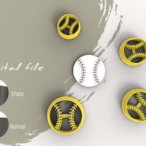 May include: A digital file for a 3D printed baseball cookie cutter. The cutter is yellow with a black baseball design. The image also shows a white baseball with red stitching.