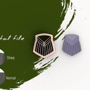 Op de afbeelding: Twee digitale bestanden voor een 3D-printbaar ontwerp van een schild met een geometrisch patroon. Het schild wordt in twee verschillende kleuren weergegeven: zwart en roze, en paars. De afbeelding toont het verschil tussen een scherpe en een normale rand.