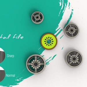 May include: Five 3D printed cookie cutters, one shaped like a kiwi fruit, and four with a flower design. The cookie cutters are on a white surface with a green background. The text "Digital file" is on the green background. The image shows two close-up images of the cookie cutter edge, one labeled "Sharp" and the other labeled "Normal".