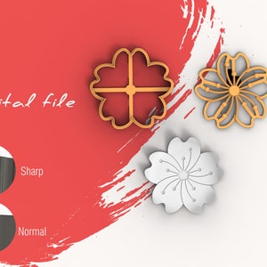 May include: Three digital files for a 3D printed cookie cutter set. The cutters are shaped like cherry blossoms. The image shows the cutters in gold and white. The text "Digital file" is visible in the image.