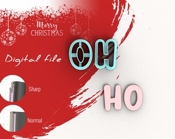 May include: Digital file for a cookie cutter set that says "Oh Ho!" in blue and pink. The cutters are shown on a red background with a white background behind them.