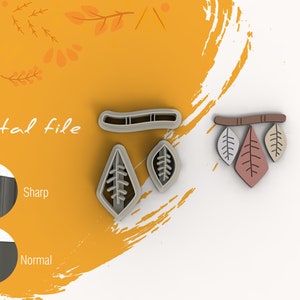 May include: A set of five cookie cutters in the shape of leaves and a branch. The cutters are made of a light gray plastic and are designed to cut out cookies in the shape of leaves. The cutters are arranged on a white background with a yellow and orange background behind them.