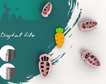 May include: Four pink plastic carrot cookie cutters and one orange plastic carrot cookie cutter. The cookie cutters are on a white background with a green and white abstract design.