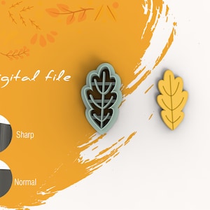 Puede incluir: Archivo digital para un cortador de galletas con forma de hoja de roble. El cortador es azul claro y la galleta de muestra es amarilla. La imagen también muestra un primer plano del borde del cortador, que es afilado.