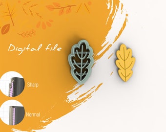 May include: Digital file for a cookie cutter in the shape of an oak leaf. The cutter is light blue and the sample cookie is yellow. The image also shows a close-up of the cutter's edge, which is sharp.
