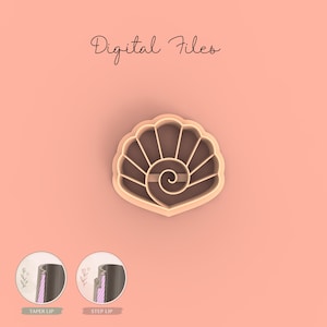 May include: A tan seashell-shaped cookie cutter with a spiral center and fan-like ridges. The words "Digital Files" are written in cursive at the top. Two circular diagrams at the bottom show the "Taper Lip" and "Step Lip" designs.