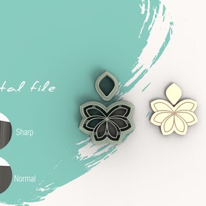 May include: A digital file for a cookie cutter in the shape of a flower with five petals. The cutter is shown in two different views, one with a sharp edge and one with a normal edge. The text "Digital file" is visible in the image.