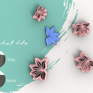 Puede incluir: Archivo digital para un cortador de galletas con forma de flor. El cortador es rosa y tiene forma de estrella de cinco puntas. La imagen muestra el cortador en diferentes posiciones, incluyendo un primer plano del borde.