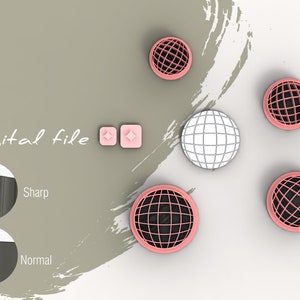 May include: Digital file text with two pink diamond shapes. Five 3D spheres with a grid pattern. One sphere is white with a grey grid. Four spheres are pink with a black grid. The spheres are on a white background with a grey brushstroke in the background.