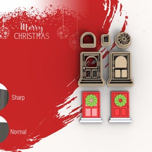 May include: Set of seven Christmas cookie cutters, including two wreaths, two doors, a window, and two smaller shapes. The cutters are made of brown plastic and are arranged on a white background.