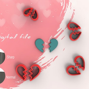 May include: Digital file for a broken heart cookie cutter. The cutter is red and has a sharp edge. The image also shows a blue broken heart.