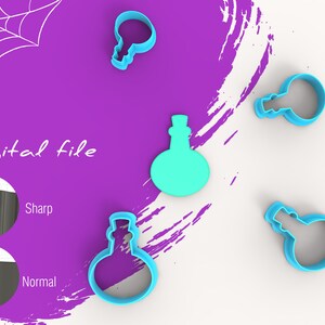May include: A digital file featuring several blue potion bottle-shaped cookie cutters. The image includes the text "Digital file" and a comparison of sharp and normal edges. A white spiderweb design is in the upper left corner.