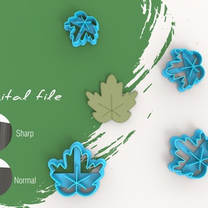 Könnte beinhalten: Vier blaue, plastikförmige Blätter-Ausstecher, einer größer als die anderen, und ein grüner, plastikförmiger Blätter-Ausstecher. Der Text "Digitale Datei" ist in Schwarz auf grünem Hintergrund geschrieben. Der Text "Scharf" und "Normal" ist in Schwarz auf weißem Hintergrund geschrieben.