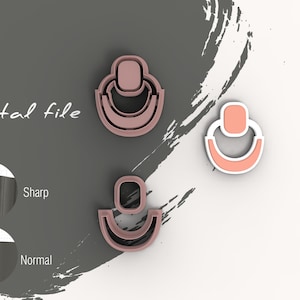 Puede incluir: Archivo digital descargable para un conjunto de tres diseños de pendientes geométricos en rosa y blanco. Los pendientes tienen forma de círculo con un círculo más pequeño en el interior. Los pendientes se muestran sobre un fondo blanco con un diseño abstracto gris y blanco.