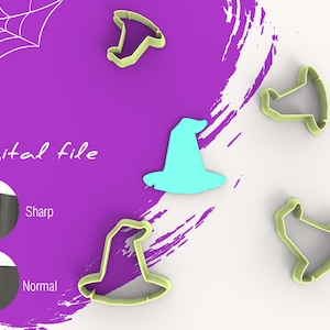 May include: Digital file for a set of five witch hat cookie cutters. The cutters are green and the background is purple. The image shows two different types of edges, sharp and normal.