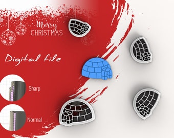 Könnte beinhalten: Eine digitale Datei für einen 3D-gedruckten Iglu-Ausstecher. Das Bild zeigt vier verschiedene Ansichten des Ausstechers, darunter ein blaues Iglu-Modell. Der Text "Digitale Datei" und "Frohe Weihnachten" ist ebenfalls sichtbar.