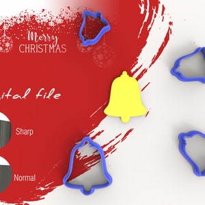 May include: Four blue plastic Christmas bell cookie cutters, one yellow plastic Christmas bell cookie cutter, and the text "Merry Christmas" and "Digital file" on a red background.