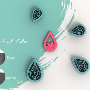 May include: Five digital files for a teardrop-shaped design with a flower inside. The files are shown in different colors, including pink, blue, and black. The text "Digital file" is visible in the image. The text "Sharp" and "Normal" are also visible in the image.
