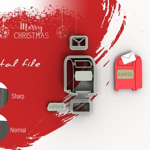 Puede incluir: Archivo digital para un juego de cortadores de galletas impresos en 3D que incluye un buzón rojo con la palabra "SANTA" en él, un buzón gris y un sobre gris. Los cortadores de galletas se muestran sobre un fondo rojo con copos de nieve y las palabras "Feliz Navidad".