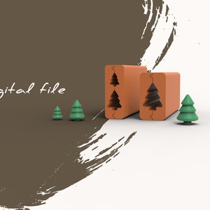 May include: Two orange 3D printed molds with a Christmas tree design. The molds are next to three small green 3D printed Christmas trees.