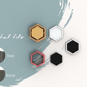 May include: Digital file download for a 3D printable hexagonal shelf. The image shows six different color options: gold, white, black, red, and two shades of black. The text "Digital file" is visible in the image.