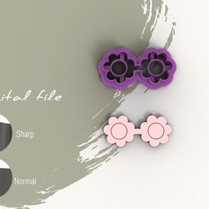 May include: A digital file for a cookie cutter in the shape of a pair of glasses with flower-shaped frames. The cutter is shown in purple plastic and a pink plastic preview of the cut-out shape.