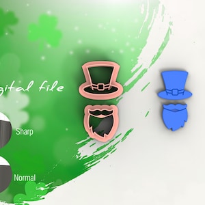 May include: Two digital files for a cookie cutter in the shape of a leprechaun. The leprechaun is wearing a green hat and has a beard. The cookie cutter is shown in pink and blue.