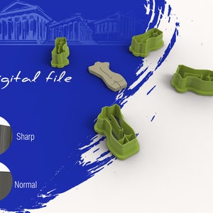 May include: A set of five green plastic cookie cutters shaped like different parts of the human body. The cutters are on a white surface with a blue background. The text "Digital file" is visible in the image.