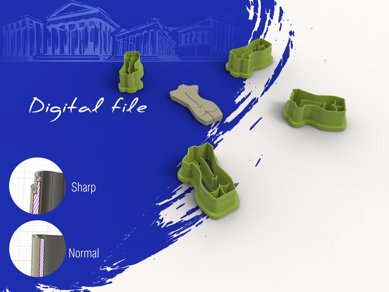 May include: A set of five green plastic cookie cutters shaped like different parts of the human body. The cutters are on a white surface with a blue background. The text "Digital file" is visible in the image.