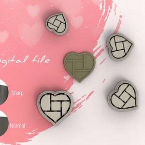 May include: Digital file download of five heart-shaped cookie cutters with a geometric pattern. The cutters are in various shades of brown and grey. The image also shows a close-up of the cutter's edge, highlighting the sharp and normal options.