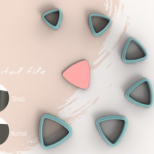 May include: Digital file download for a set of seven triangle-shaped cookie cutters. The cutters are light blue with a darker blue outline. The cutters are arranged in a circle around a pink triangle.