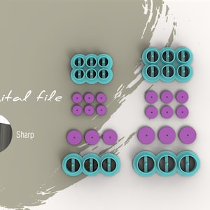 Peut inclure: Un ensemble d'outils de décoration de gâteaux imprimés en 3D. L'ensemble comprend trois moules bleu turquoise avec trois cavités rondes chacune, et 12 moules ronds violets. Les moules sont conçus pour créer des décorations de gâteaux.