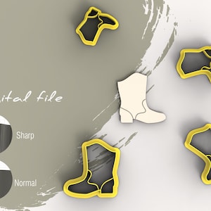 May include: Digital file for a cowboy boot cookie cutter. The image shows five different views of the cutter, including a close-up of the sharp edges.