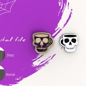 May include: Digital file for a skull-shaped coffee mug cookie cutter. The cutter is shown in two views: a sharp view and a normal view. The cutter is a light brown color.