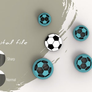 May include: Five blue plastic cookie cutters shaped like soccer balls. The cookie cutters are on a white surface with a gray background. The text "Digital file" is visible in the background.