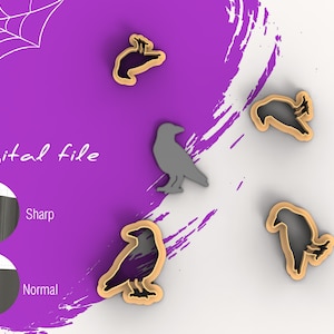 May include: Digital file for a set of five crow cookie cutters. The cutters are brown and have a sharp or normal edge. The image shows the cutters on a white surface with a purple background.