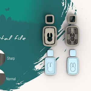 Puede incluir: Archivo digital para un juego de cortadores de galletas impresos en 3D con un diseño de conejo. El juego incluye dos tamaños diferentes de cortadores de conejo, así como dos tamaños diferentes de un cortador cuadrado. Los cortadores se muestran en color marrón claro y azul claro.
