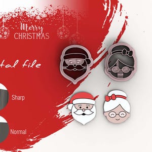 May include: Digital file for a set of four Christmas cookie cutters. The cutters are shaped like Santa Claus, Mrs. Claus, and two other Christmas characters. The cutters are pink and white.