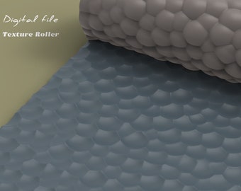 May include: A digital file for a texture roller. The roller has a gray, textured surface with a pattern of small, rounded bumps. The roller is partially rolled out, revealing a blue, textured surface with a similar pattern.