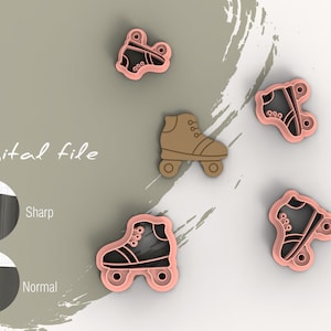 May include: Five pink plastic roller skate cookie cutters. The cookie cutters are in the shape of a roller skate with black laces and wheels. The cookie cutters are on a light brown background with a white background in the upper right corner.