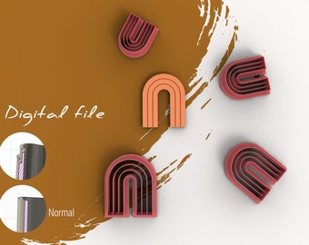 May include: Five 3D printed rainbow arch cookie cutters in various shades of red and orange. The cookie cutters are arranged on a white surface with a brown background.