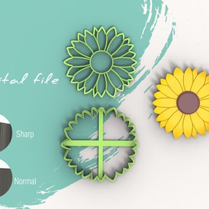 Puede incluir: Tres diseños de cortadores de galletas digitales para hacer galletas con forma de girasol. Los cortadores son verdes y muestran un girasol detallado, un girasol simple y un cortador en forma de cruz.