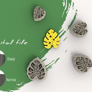 May include: Digital file for a set of five cookie cutters in the shape of monstera leaves. The cutters are grey and yellow. The image shows the different sharpness options for the cutters.