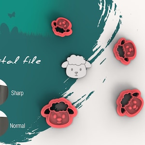 May include: Digital file for a sheep cookie cutter. The image shows a white sheep cookie cutter and three red sheep cookie cutters. The text "Digital file" is visible in the image.