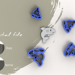 Peut inclure: Fichier numérique pour un emporte-pièce en forme de requin. L'image montre cinq vues différentes de l'emporte-pièce, y compris un gros plan du bord tranchant. L'emporte-pièce est bleu et présente un design de requin détaillé.