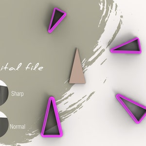 May include: Digital file for a triangle-shaped cookie cutter. The cutter is shown in pink with a brown triangle in the center. The image also shows a close-up of the cutter's edge, highlighting the difference between a sharp and normal edge.